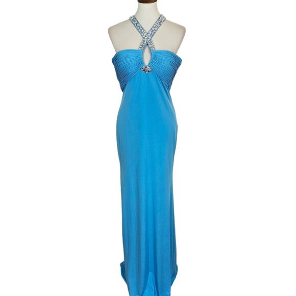Scala Blue Crisscross Bejeweled Gown - Picture 1 of 8